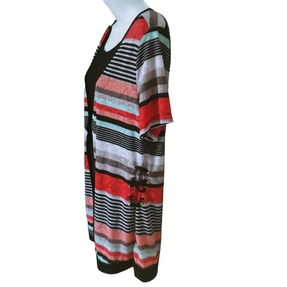 Marie Claire Faux Cardigan Striped Top Red Black Aqua Gray L - Picture 6 of 10